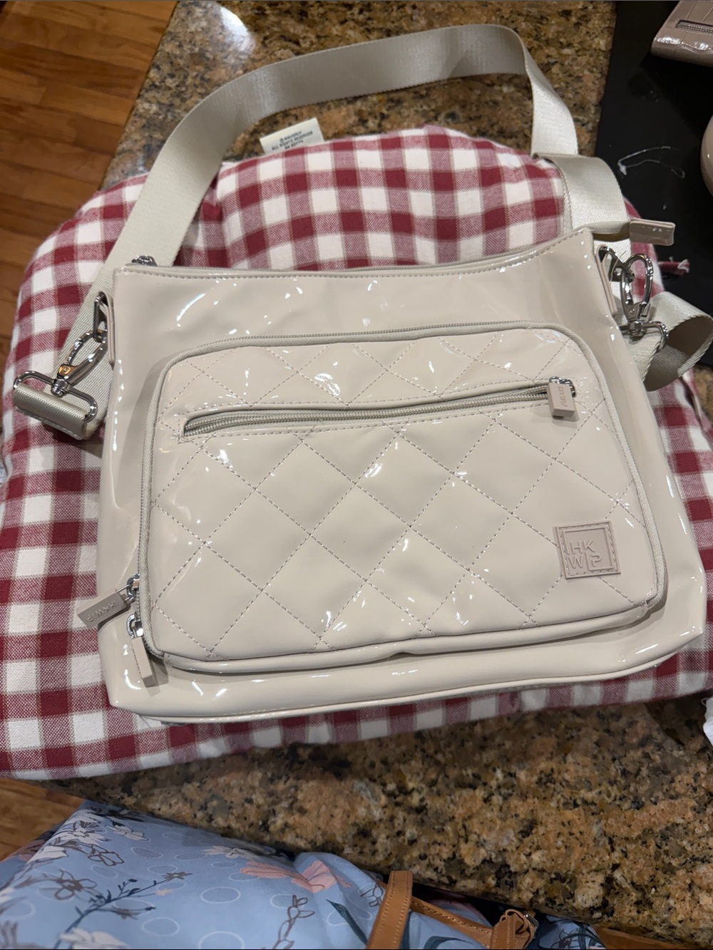 Patent Quilted Cream Shoulder Bag with Front Zip Pocket